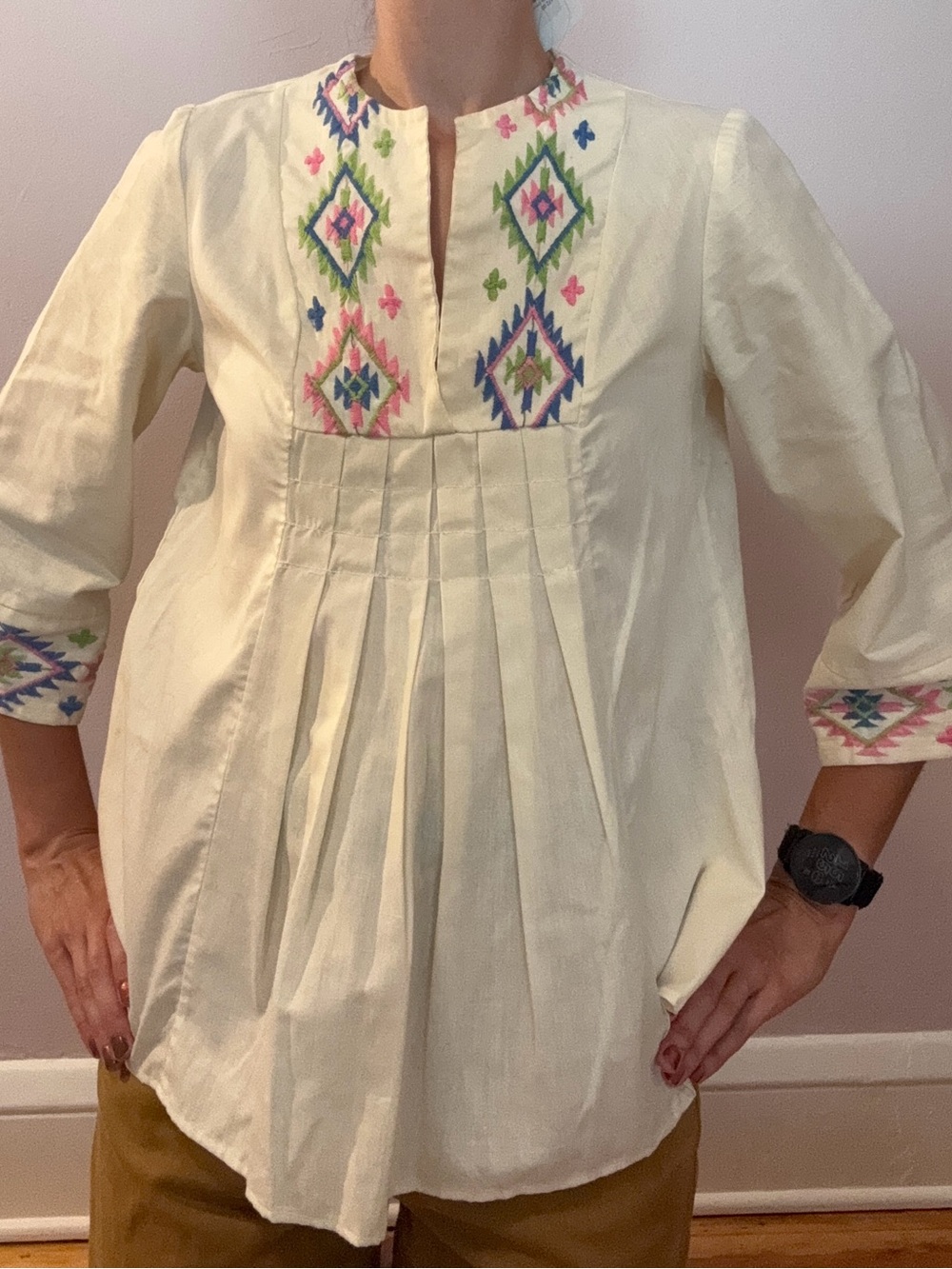 Embroidered Cream Peasant Blouse with Neon Pink, Green and Blue Detail